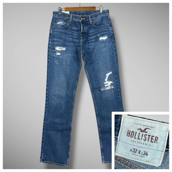 Hollister Jeans Mens 32x34 Blue The Boot Cut Button Fly Med Wash Thrashed NWOT - Picture 1 of 13